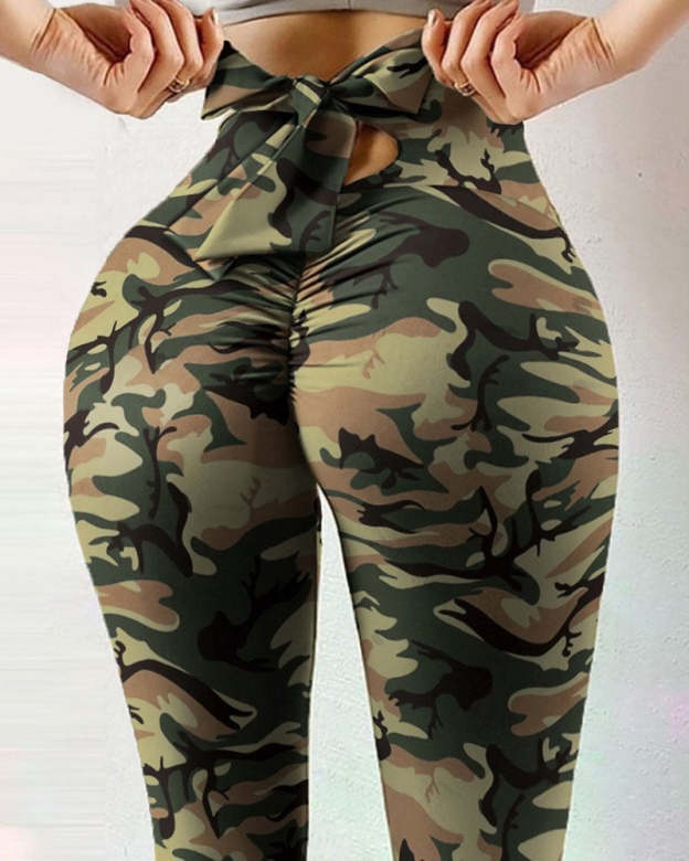 Printed Bow Design Yoga Leggings-Curvy-Faja