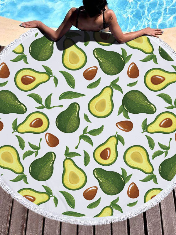 Avocado Print Round Shape Tasseled Soft Beach Mat-Curvy-Faja