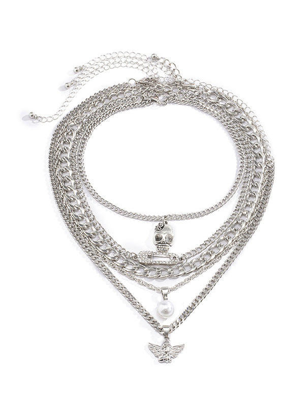 Personalized Skull Little Angel Hip Hop Creative Diamond Multilayer Necklace-Curvy-Faja