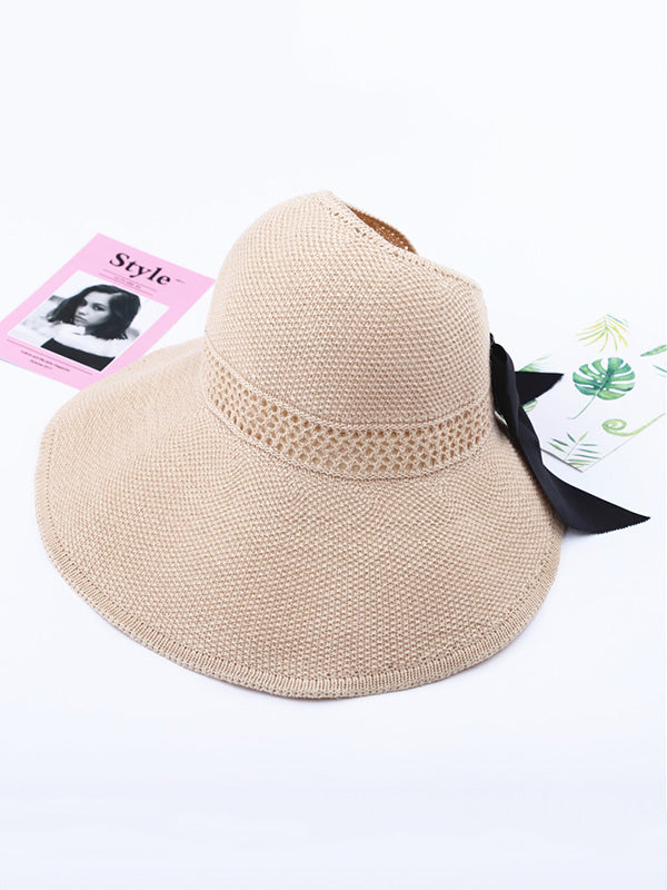 Solid Color Sunscreen Bow-Knot Straw Woven Breathable Foldable Hat-Curvy-Faja