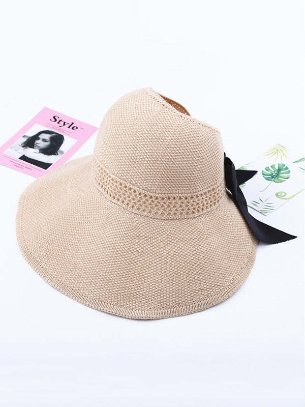 Solid Color Sunscreen Bow-Knot Straw Woven Breathable Foldable Hat-Curvy-Faja