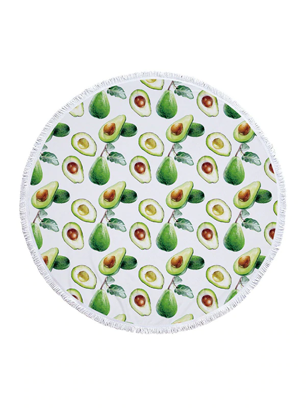 Avocado Print Round Shape Tasseled Soft Beach Mat-Curvy-Faja