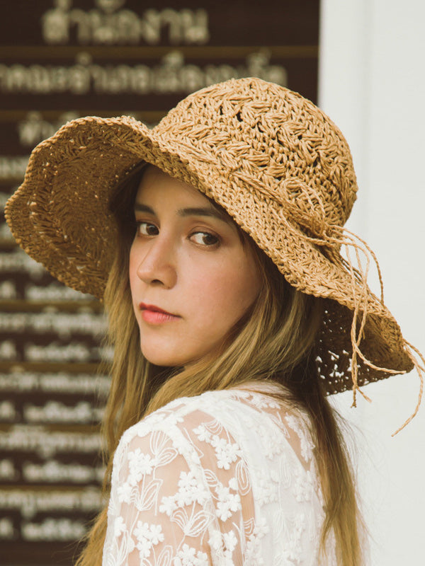 Sunscreen Solid Color Straw Woven Hollow Breathable Foldable Hat