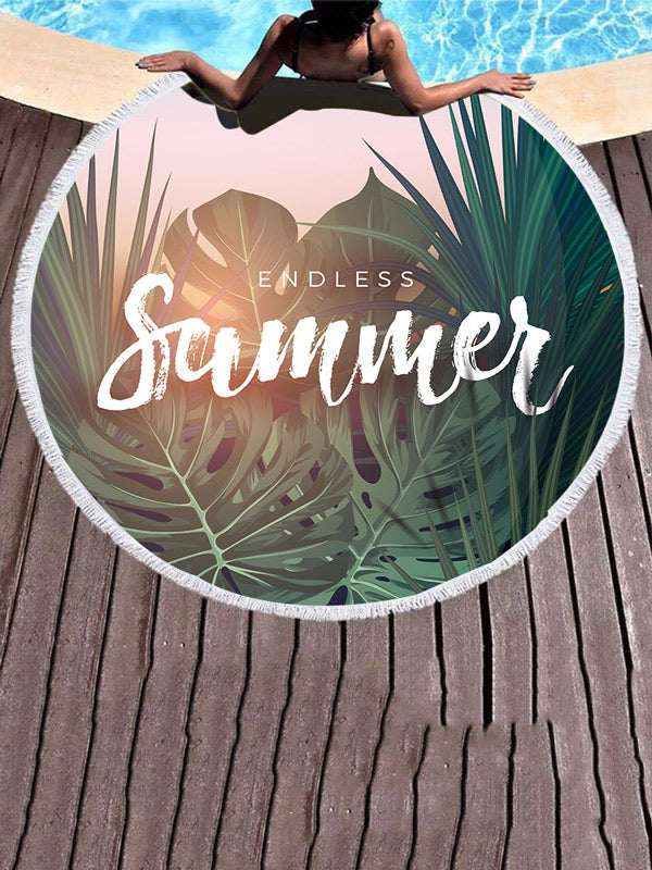 Leaves Print Round Shape Tasseled Beanch Mat-Curvy-Faja