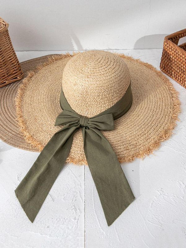 Solid Color Sunscreen Straw Bow-Knot Woven Breathable Beach Hat-Curvy-Faja