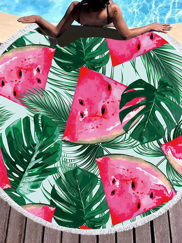 Color Fruit Print Round Shape Tasseled Soft Beach Mat-Curvy-Faja