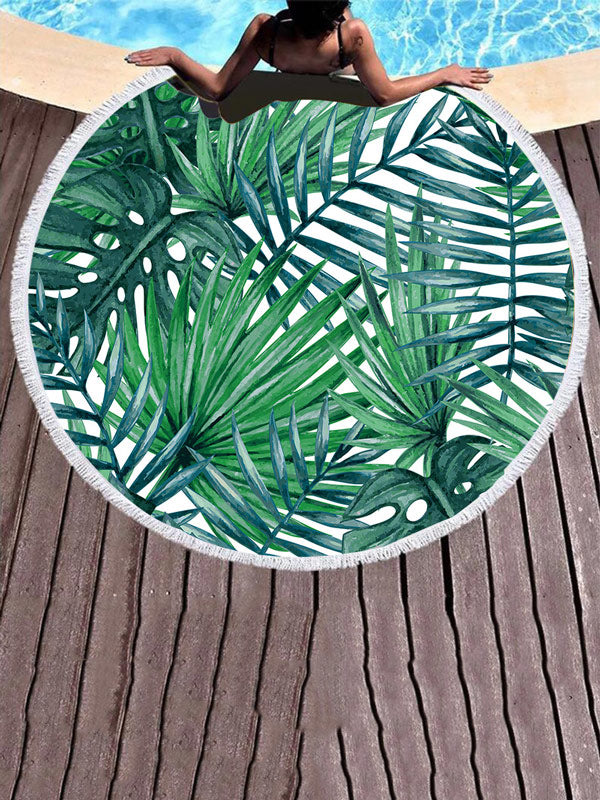 Leaves Print Round Shape Tasseled Beanch Mat-Curvy-Faja