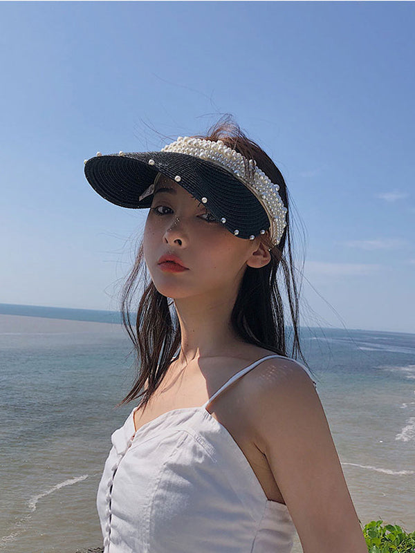 Beaded Decorated Sunscreen Straw Woven Breathable Cap-Curvy-Faja