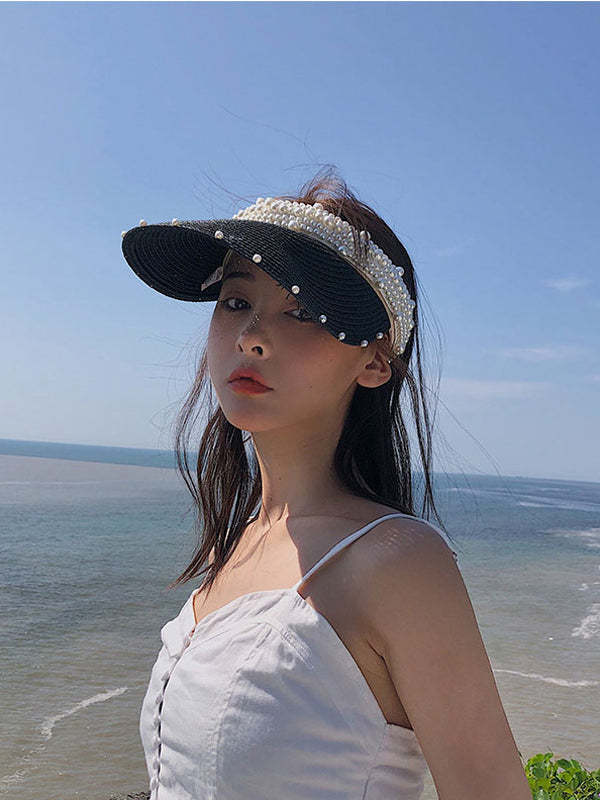Beaded Decorated Sunscreen Straw Woven Breathable Cap-Curvy-Faja