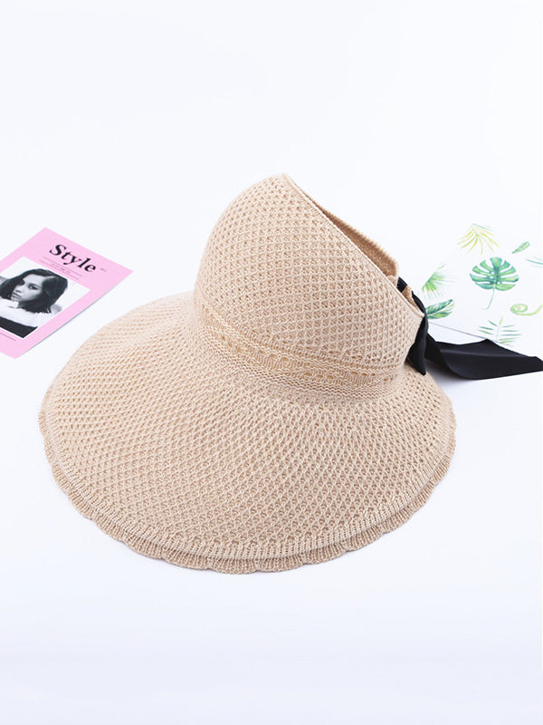 Solid Color Sunscreen Lace-Up Straw Woven Breathable Foldable Hat-Curvy-Faja