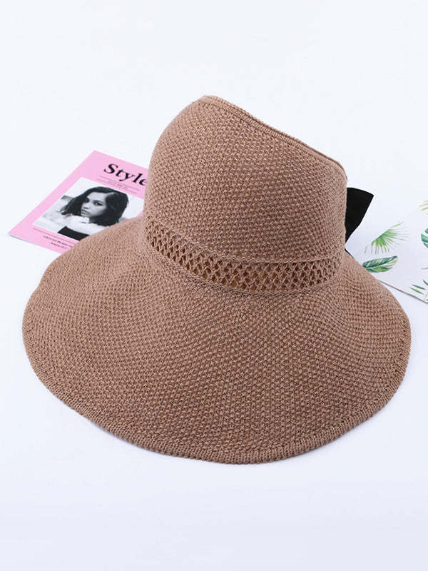 Solid Color Sunscreen Bow-Knot Straw Woven Breathable Foldable Hat-Curvy-Faja