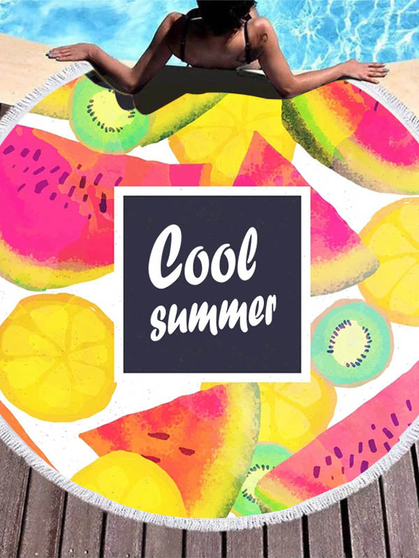 Color Fruit Print Round Shape Tasseled Soft Beach Mat-Curvy-Faja