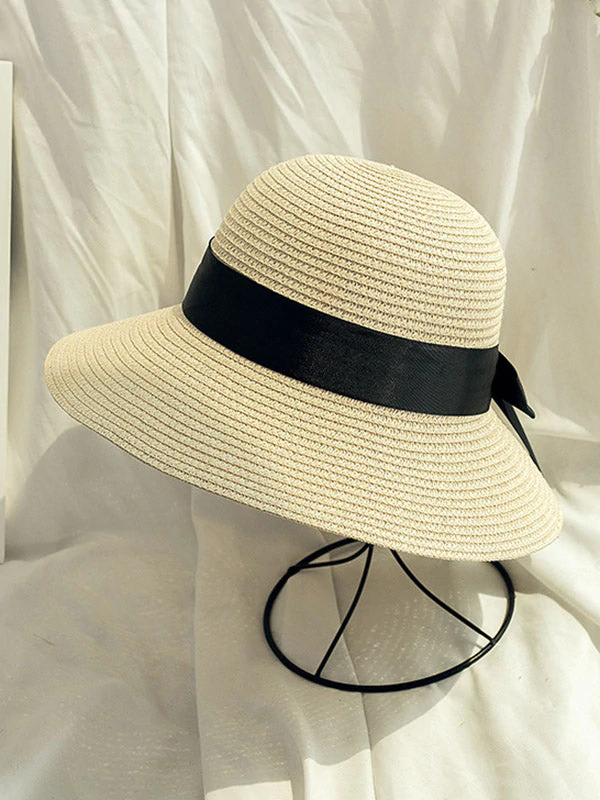 Sunscreen Straw Bow-Knot Woven Breathable Foldable Beach Hat-Curvy-Faja