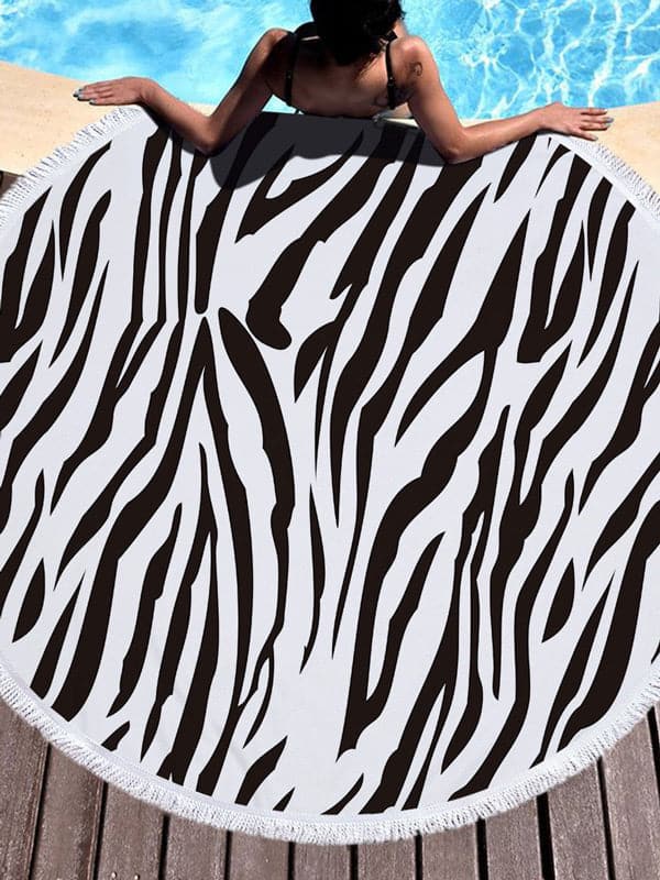 Stylish Animal Printed Round Shape Tasseled Soft Beach Mat-Curvy-Faja