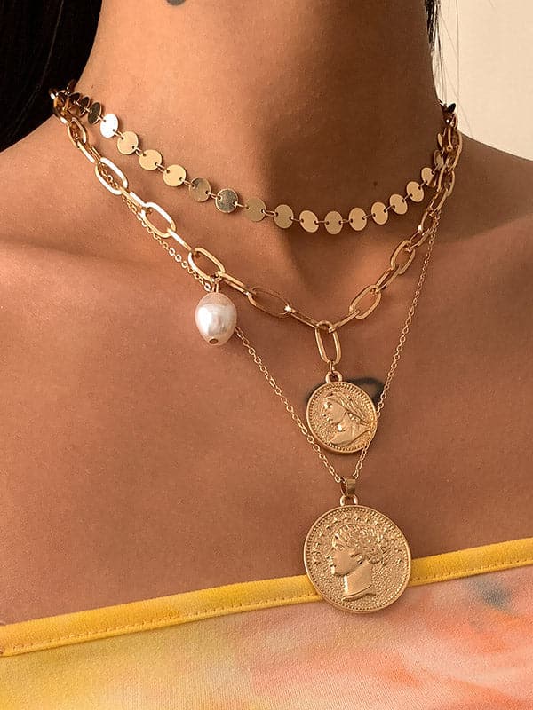 Retro Portrait Embossed Pendant Multilayer Necklace-Curvy-Faja