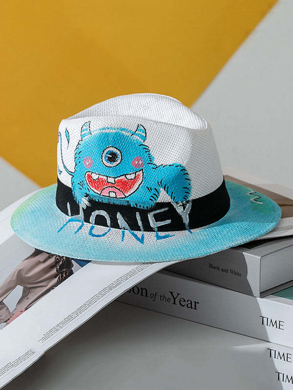 Parent-Child Lovely Straw Hand Drawn Doodle Painted Cartoon Painting Sunscreen Hat-Curvy-Faja