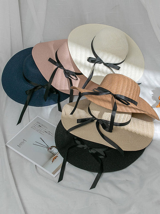 Sunscreen Solid Color Straw Bow-Knot Woven Breathable Beach Hat-Curvy-Faja
