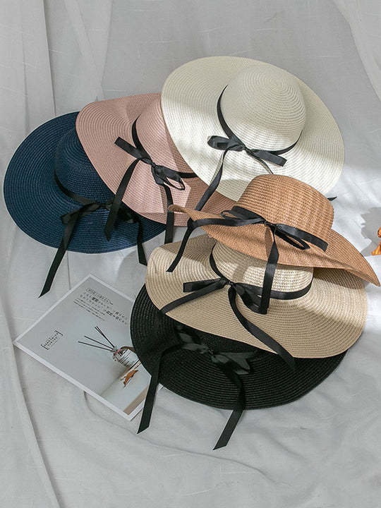 Sunscreen Solid Color Straw Bow-Knot Woven Breathable Beach Hat-Curvy-Faja