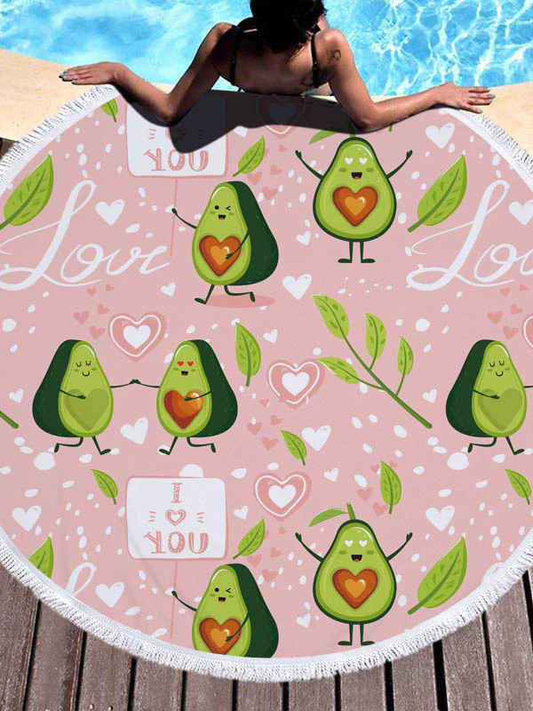 Avocado Print Round Shape Tasseled Soft Beach Mat-Curvy-Faja
