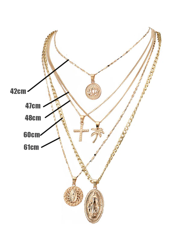 Fashion Coconut Tree Portrait Embossed Pendant Multilayer Necklace-Curvy-Faja