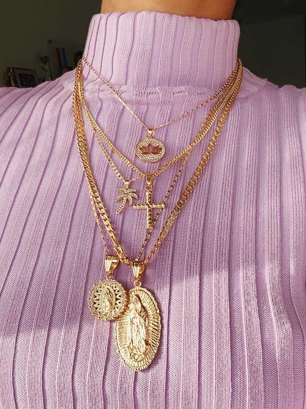 Fashion Coconut Tree Portrait Embossed Pendant Multilayer Necklace-curvy-faja