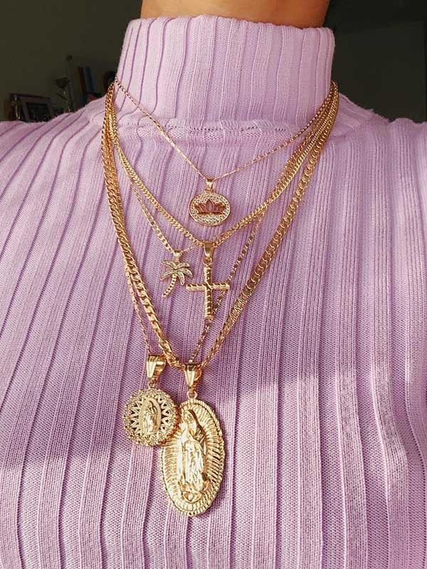 Fashion Coconut Tree Portrait Embossed Pendant Multilayer Necklace-Curvy-Faja