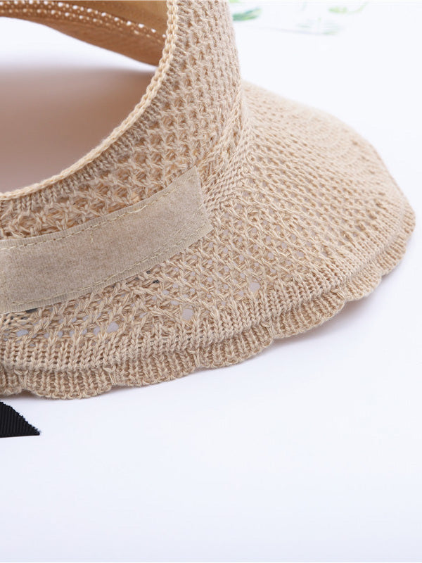 Solid Color Sunscreen Lace-Up Straw Woven Breathable Foldable Hat-Curvy-Faja
