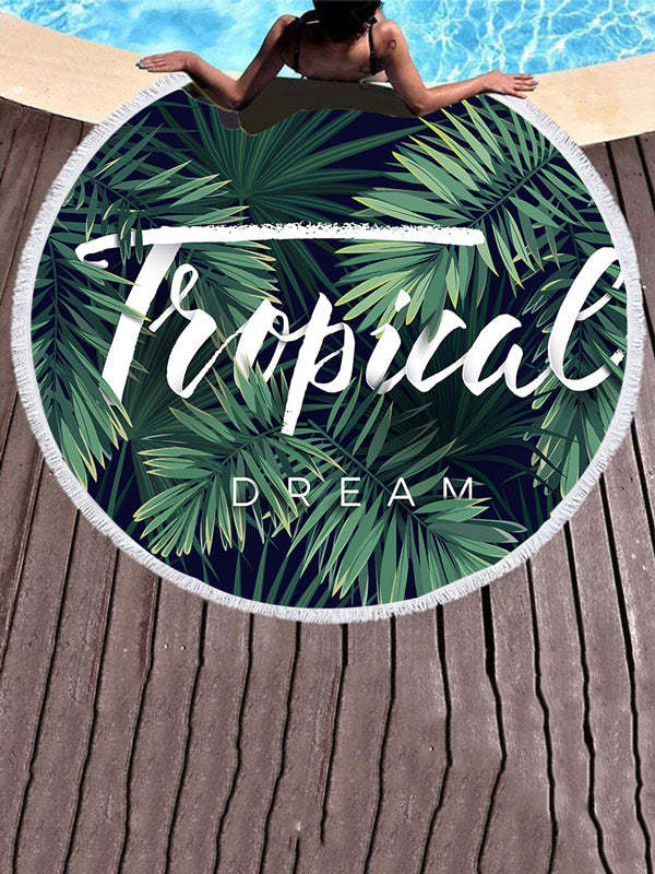 Leaves Print Round Shape Tasseled Beanch Mat-Curvy-Faja