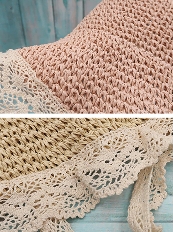 Sunscreen Solid Color Split-Joint Lace Straw Woven Breathable Beach Hat-Curvy-Faja