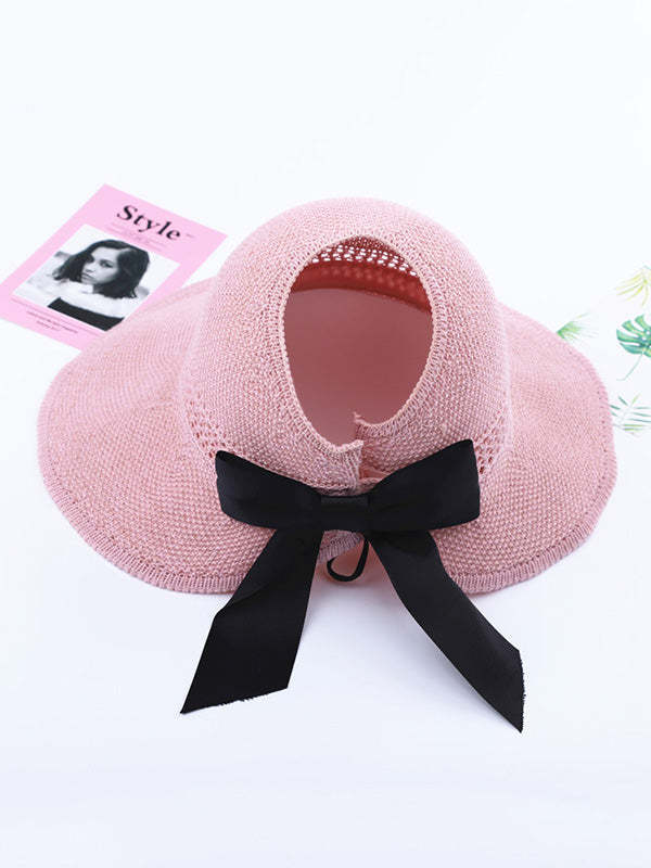 Solid Color Sunscreen Bow-Knot Straw Woven Breathable Foldable Hat-Curvy-Faja