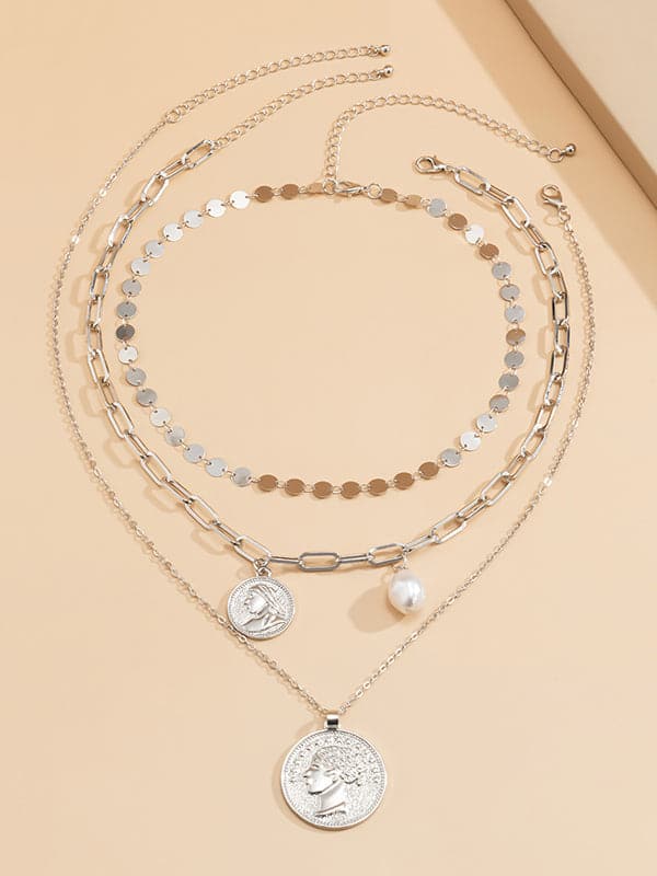 Retro Portrait Embossed Pendant Multilayer Necklace-Curvy-Faja