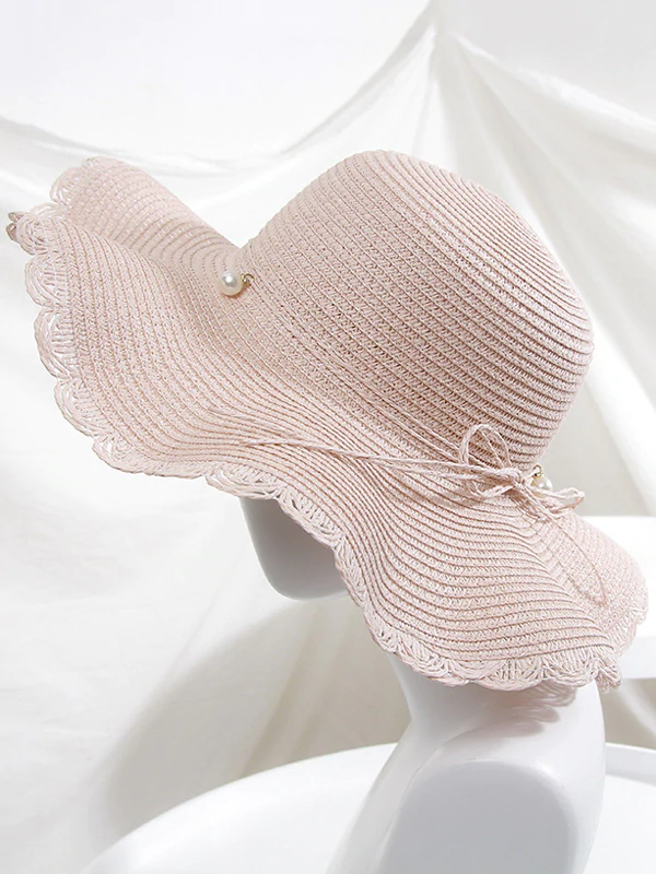 Wavy Edge Straw Woven Breathable Beaded Decorated Hat-Curvy-Faja