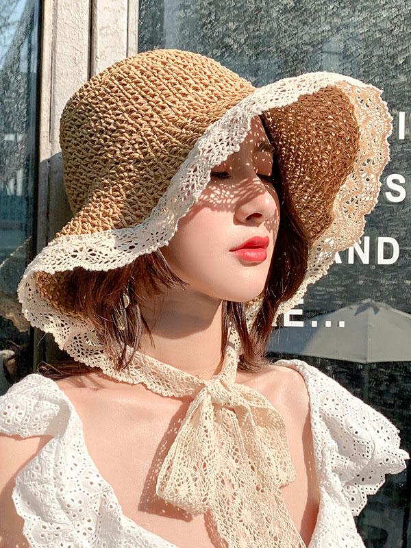 Sunscreen Solid Color Split-Joint Lace Straw Woven Breathable Beach Hat-Curvy-Faja