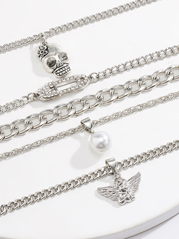 Personalized Skull Little Angel Hip Hop Creative Diamond Multilayer Necklace-Curvy-Faja
