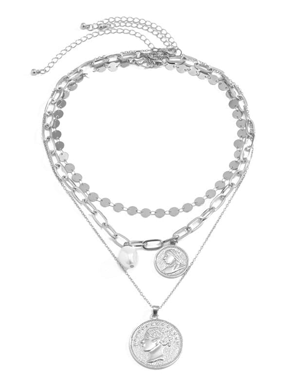 Retro Portrait Embossed Pendant Multilayer Necklace-Curvy-Faja