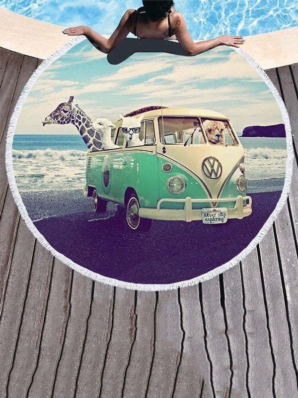 Stylish Round Shape Tasseled Floral Print Beanch Mat-Curvy-Faja