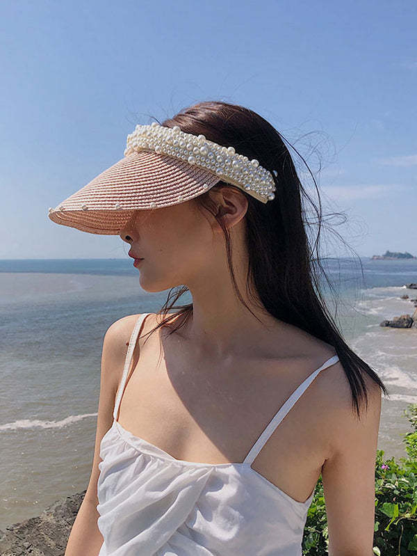 Beaded Decorated Sunscreen Straw Woven Breathable Cap-Curvy-Faja