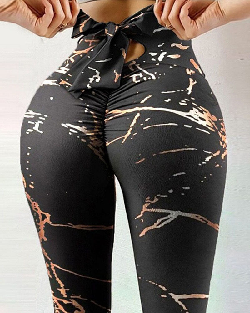 Printed Bow Design Yoga Leggings-Curvy-Faja