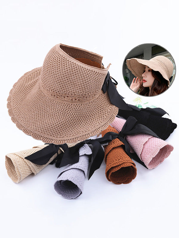 Solid Color Sunscreen Bow-Knot Straw Woven Breathable Foldable Hat-Curvy-Faja