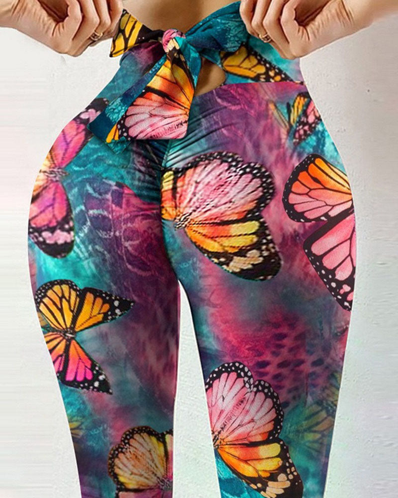 Printed Bow Design Yoga Leggings-Curvy-Faja