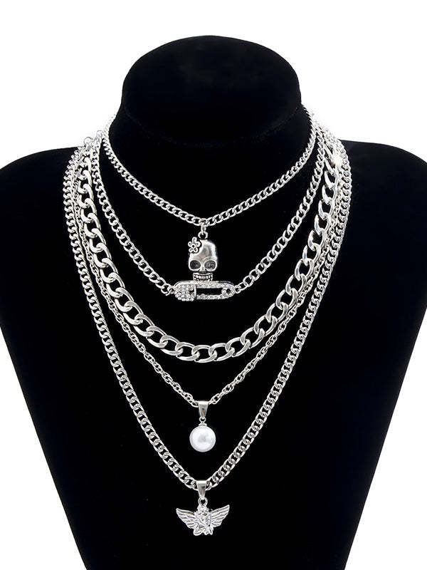 Personalized Skull Little Angel Hip Hop Creative Diamond Multilayer Necklace-Curvy-Faja