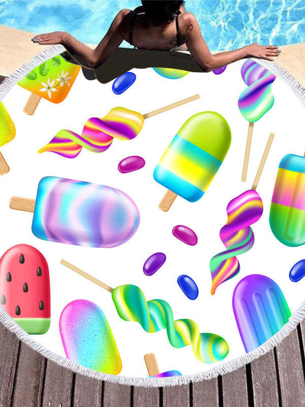 Stylish Color Ice Cream Printed Round Shape Tasseled Soft Beach Mat-Curvy-Faja
