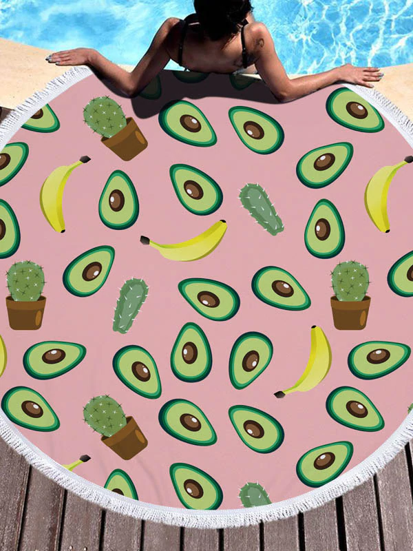 Avocado Print Round Shape Tasseled Soft Beach Mat-Curvy-Faja
