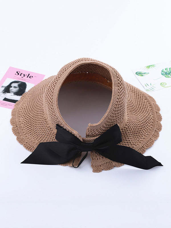 Solid Color Sunscreen Lace-Up Straw Woven Breathable Foldable Hat-Curvy-Faja