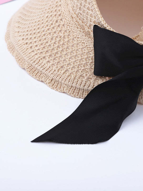 Solid Color Sunscreen Lace-Up Straw Woven Breathable Foldable Hat-Curvy-Faja