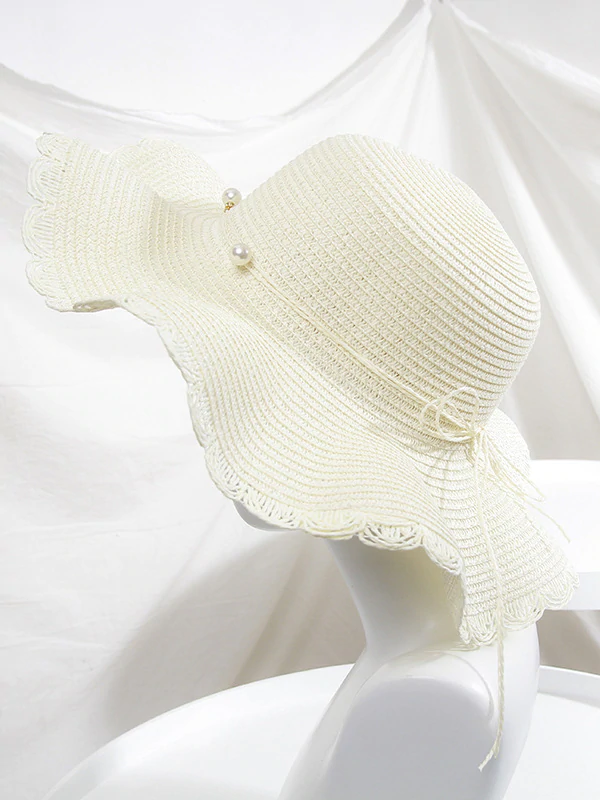 Wavy Edge Straw Woven Breathable Beaded Decorated Hat-Curvy-Faja