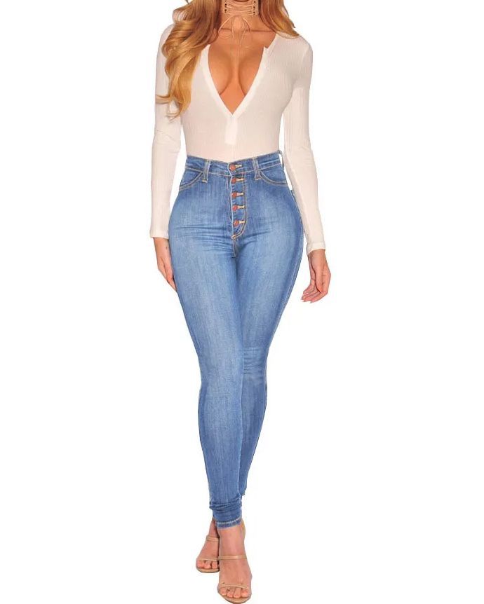 High Waist Hip Lifting Slim Breasted New Stretch Skinny Jeans-Curvy-Faja