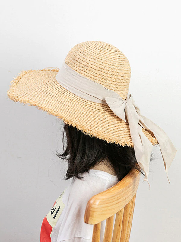 Solid Color Sunscreen Straw Bow-Knot Woven Breathable Beach Hat-Curvy-Faja
