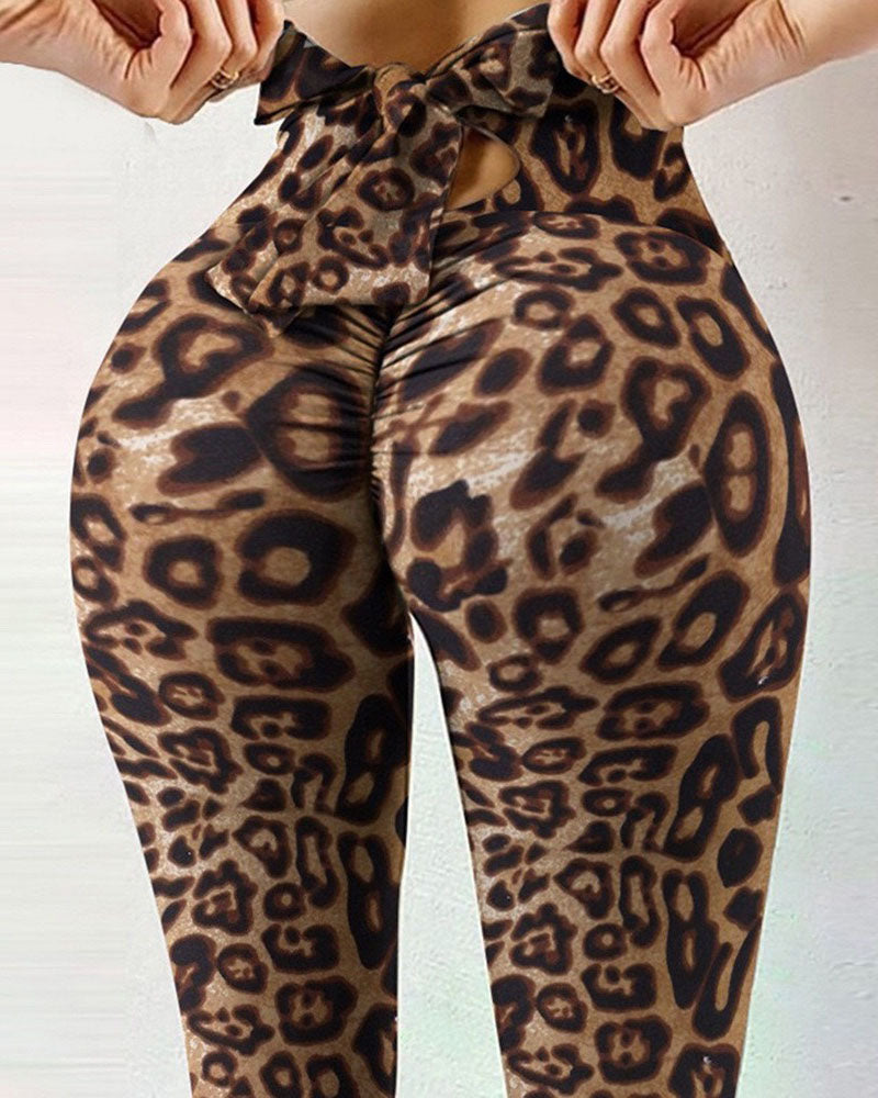 Printed Bow Design Yoga Leggings-Curvy-Faja