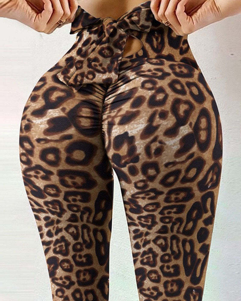 Printed Bow Design Yoga Leggings-Curvy-Faja